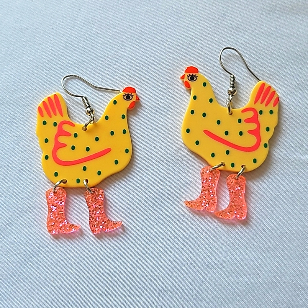 Yellow Chicken Earrings with Pink Glitter Boots